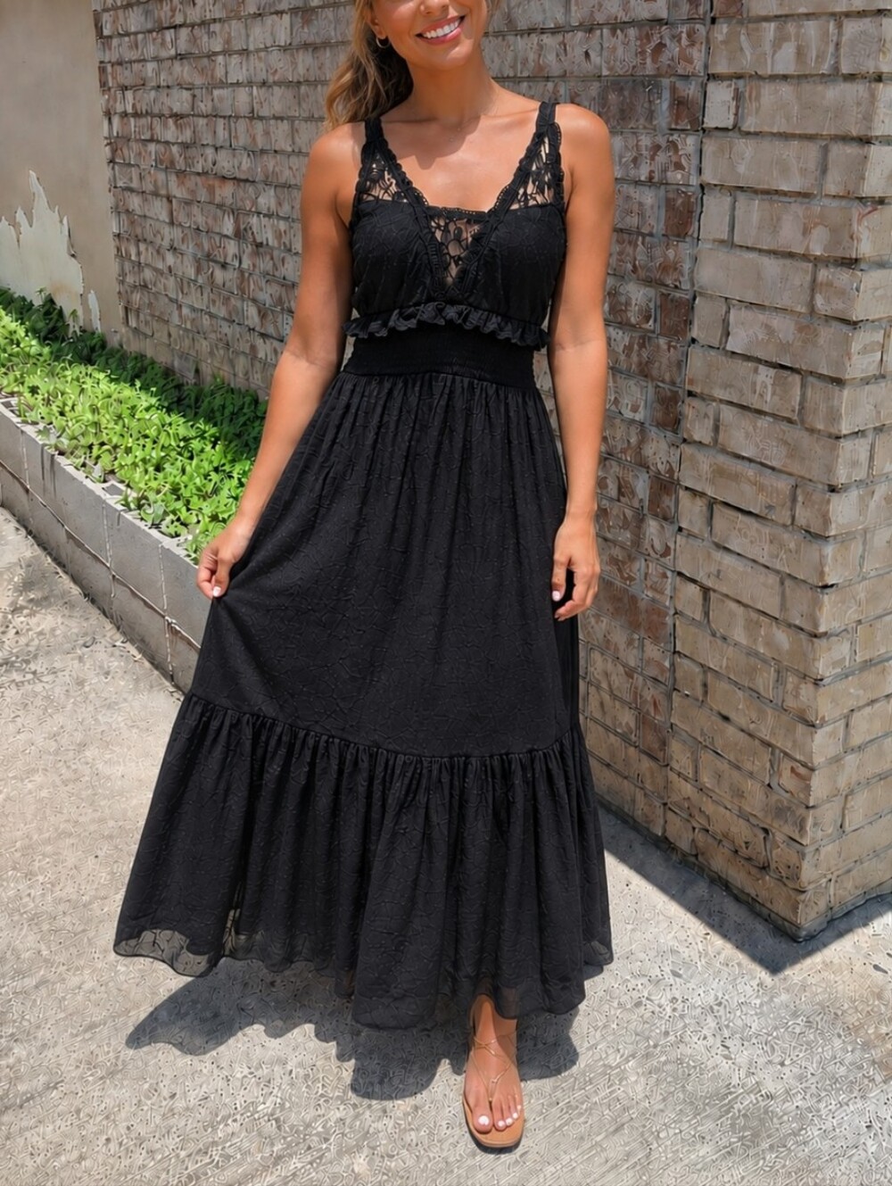 Rebellion Again Black Lace Trim Boho Maxi Sleeveless Tier Dress Women Size Large